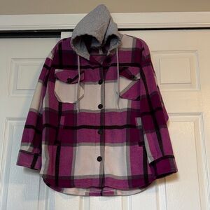 Zenana Fleece Plaid Hooded Shacket in Pink and Gray